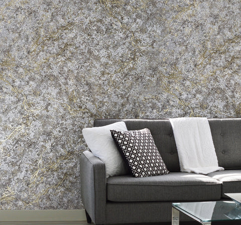 8575-10 Wallpaper Grey Bronze gold metallic faux Cracked plaster textured plain